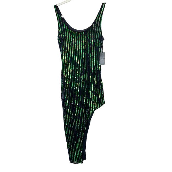 h:ours NWT Revolve Zafiro Sequin Green Iridescent Asymmetric Hem Midi Dress - Picture 3 of 10